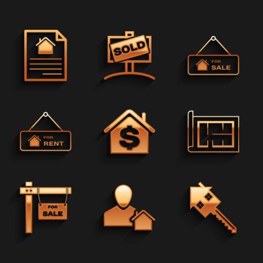 House 'u dolar, emlakçı, anahtar, plan, Satılık Asılma Tabelası, Kira ve sözleşme ikonu ile ayarla. Vektör
