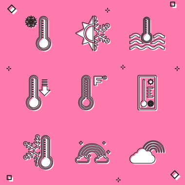Meteoroloji termometresi, güneş ve kar tanesi, su, termometre ve gökkuşağı bulut simgesini ayarla. Vektör