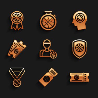Basketbol oyuncusu, maç bileti, basketbolda Shield, madalya, düşünceler ve ödül ikonu. Vektör