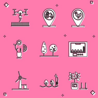 Akıllı çiftliği insansız hava aracı, traktör ve konumu, Tavuk, tarım teknolojisi, Ağaçlar, kuluçka makinesi yumurta, rüzgar türbini ve Standalone sensör bitki ikonu ile ayarla. Vektör