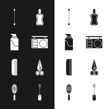 Göz farı paleti, krem kozmetik tüpü, kulak için pamuk çubuğu, tırnak cilası şişesi, saç fırçası, makas, makas ve ikon. Vektör