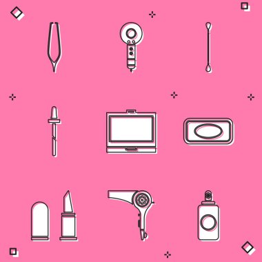 Kaş cımbızı, saç kurutma makinesi, kulaklar için pamuk çubuğu, aynalı makyaj pudrası, sabun, ruj ve ikon. Vektör