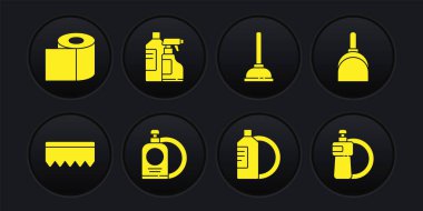 Kabarcıklı Sünger, Dustpan, Bulaşık deterjanı, Bulaşık deterjanı, Plastik pompa, Temizlik için Şişeler ve Tuvalet kağıdı rulo ikonu. Vektör