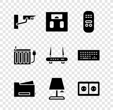 Güvenlik kamerası, banyo terazisi, uzaktan kumanda, yazıcı, masa lambası, elektrik prizi, ısıtma radyatörü, Router ve wi-fi sinyal simgesini ayarla. Vektör