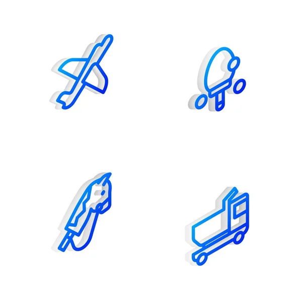 Set Raqueta Línea Isométrica Avión Juguete Caballo Camión Icono Vector — Vector de stock