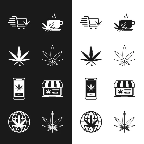 Set Marijuana Cannabis Leaf Shopping Cart Marijuana Cup Tea Online — Stockvektor
