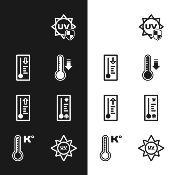 Set Meteorology thermometer, Rainbow with sun, UV protection,  and  icon. Vector