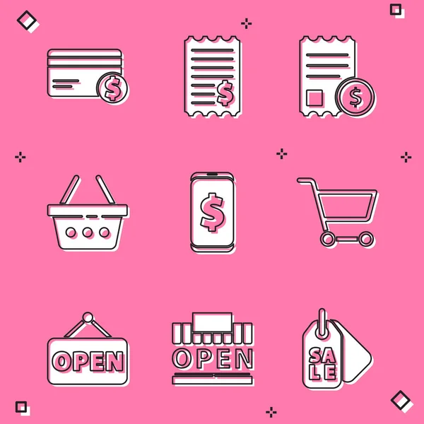 Set Credit Card Dollar Paper Check Financial Check Shopping Basket — Vetor de Stock