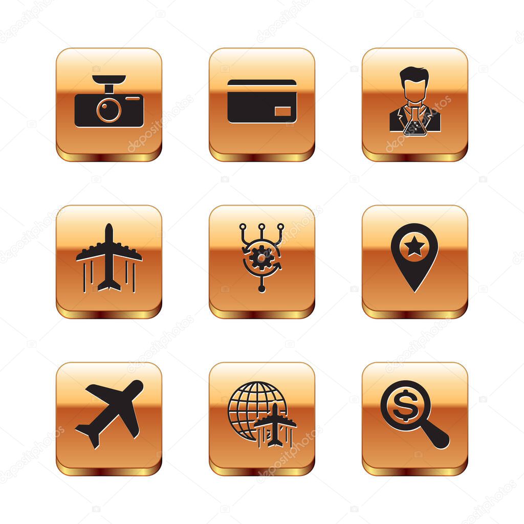 Set Car DVR, Plane, Globe with flying plane, Algorithm, and Scientist and test tube icon. Vector