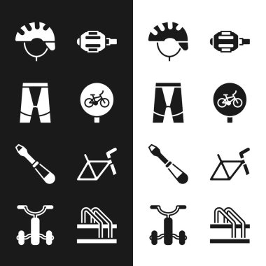 Bisiklet, bisiklet şortu, kask, pedal, tornavida, çerçeve, park ve çocuk simgesi. Vektör