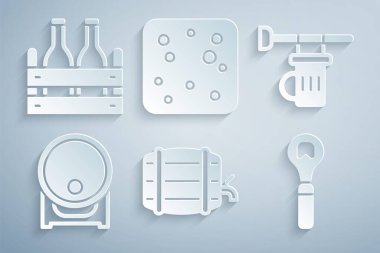 Tahta fıçıyı rafa koy, bir bardak birayla işaret panosunu, şişe açacağını, bira baloncuklarını ve paket şişe ikonunu hazırla. Vektör