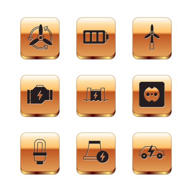 Rüzgar türbini, LED ampulü, nükleer enerji santrali, hidroelektrik barajı, kontrol motoru, elektrikli araba ve pil ikonunu ayarla. Vektör