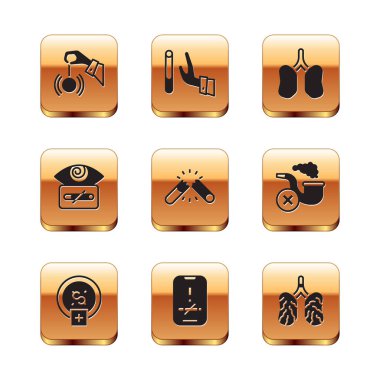 Hipnozu ayarla, sigarayı bırak, para biriktir, hayır, kırık sigara, akciğerler, hastalık akciğerleri ve ikonu bırak. Vektör