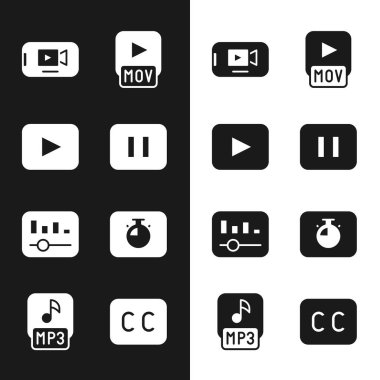 Stop düğmesi, Play, Online play video, MOV dosyası, Music equalizer, Stopwatch, Subtitles ve MP3 simgesini ayarla. Vektör