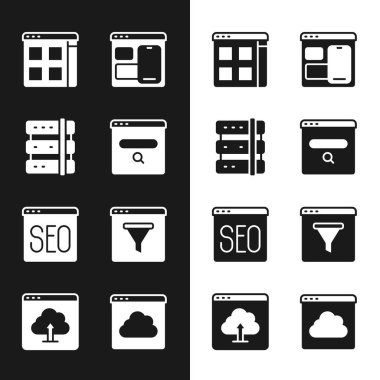 Arama motoru, Sunucu, Tarayıcı dosyaları, Web geliştirici programlama kodu, SEO optimizasyonu, pencere, Bulut teknolojisi veri transferini ayarlayın ve simge yükleyin. Vektör