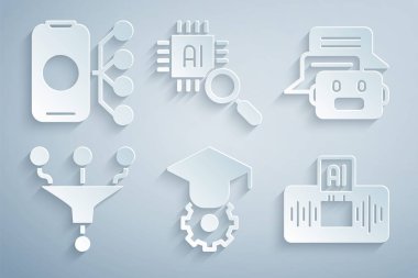 Mezuniyet başlığını, sohbet robotunu, huniyi veya filtreyi, yapay zeka yapay zekasını, işlemci işlemcisini ve sinirsel ağ simgesini ayarla. Vektör
