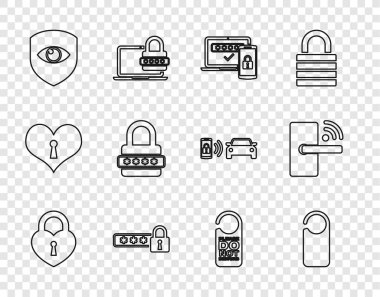 Kale hattını kalp şeklinde ayarlayın, lütfen rahatsız etmeyin, iki adım kimlik doğrulama, şifre koruması, kalkan ve göz ve kablosuz ikonlu dijital kapı kilidi. Vektör