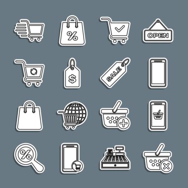 Alış veriş sepetini, cep telefonunu, cep telefonunu çek işaretli alışveriş arabasını, fiyat etiketini, tazelemeyi ve indirim simgesini kaldırın. Vektör