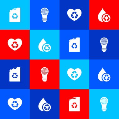 Eko yakıt tüpünü, dünya küresi, dost canlısı kalbi olan ampulü ve temiz su ikonunu geri dönüştür. Vektör.