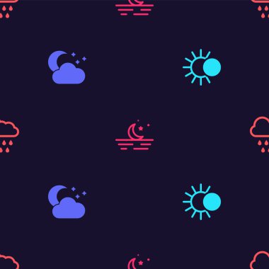 Güneş tutulmasını, Ay ve yıldızlı Bulut 'u, Ay' ı ve yağmuru kusursuz bir şekilde ayarla. Vektör.