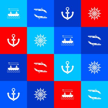 Kürekli tekne, klasik tabancalar, dayanak noktası ve direksiyon simgesi. Vektör.