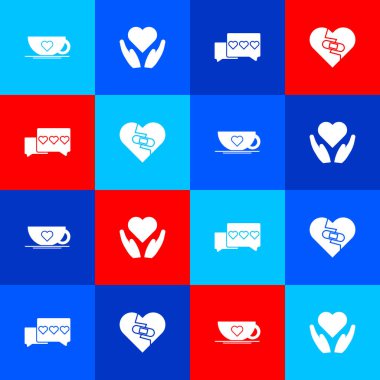 Kahve fincanını ve kalbini elinde tut, kırık ikonu al ve iyileştir. Vektör.