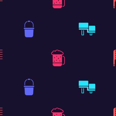 Sauna tezgahını, kovayı, tahta bira bardağını ve saç fırçasını pürüzsüz desene göre ayarla. Vektör