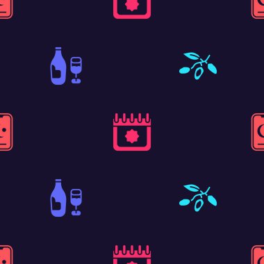 Tarih meyvesi, cam kaplı şarap şişesi, Ramazan takvimi, yıldız ve hilal şeklinde kusursuz desenler. Vektör