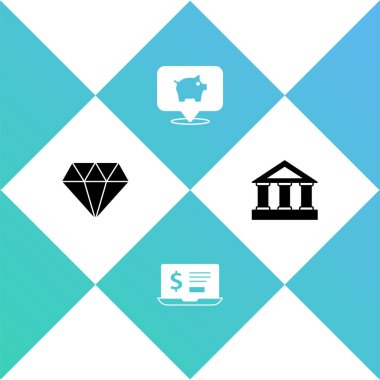 Set Diamond, dizüstü bilgisayarlı, kumbaralı ve banka ikonlu. Vektör