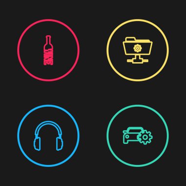 Sabit hat kulaklıklar, araba servisi, FTP ayarları klasörü ve şarap ikonu. Vektör.
