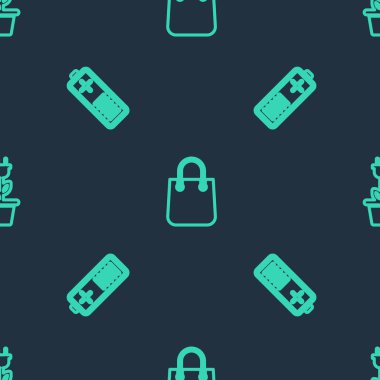 Hat alışveriş torbası, pil şarj seviyesi göstergesi ve elektrik prizini pürüzsüz şablona göre ayarla. Vektör.