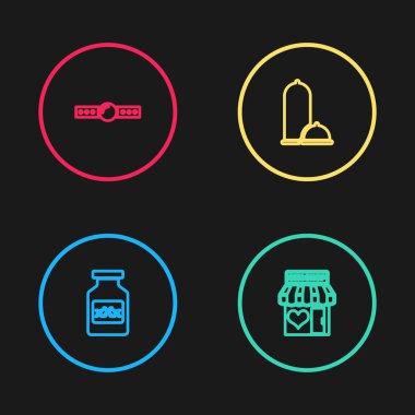 İktidar hapı, seks mağazası binası, prezervatif güvenli seks ve silikon top susturucu ikonu içeren bir sıra hazırla. Vektör.