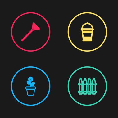 Saksıda çiçek, bahçe çiti, kova ve yaprak ikonu için tırmık koyun. Vektör.