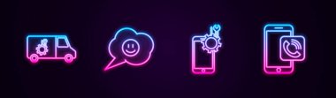Araba servisi, gülen yüzlü konuşma balonu, cep telefonu ve telefon görüşmesi ayarla. Parlayan neon ikonu. Vektör.