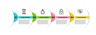 Kalp merkezde kum saati, elmas nişan yüzüğü, kilit ve kalp ve iyileşmiş kırık. Ticari bilgi şablonu. Vektör.