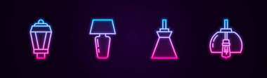 Safra lambası, masa, lamba asma ve avize. Parlayan neon ikonu. Vektör
