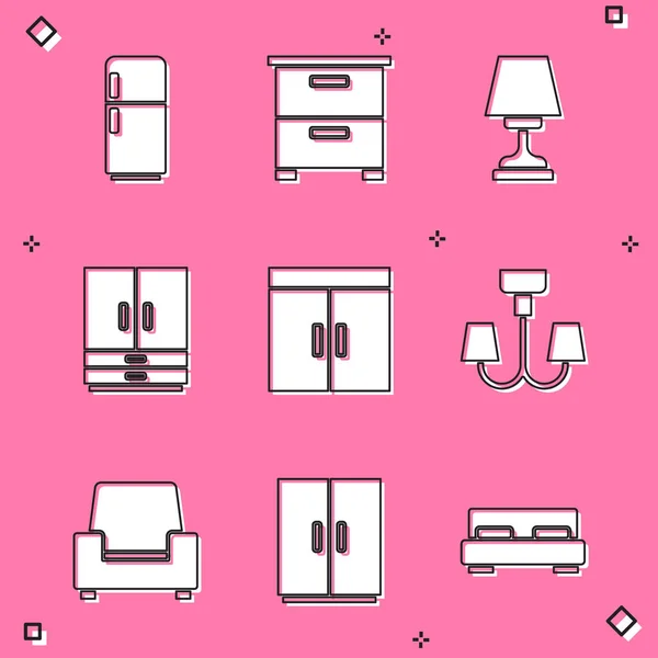 Set Refrigerator Furniture Nightstand Table Lamp Wardrobe Chandelier Armchair Icon — Archivo Imágenes Vectoriales