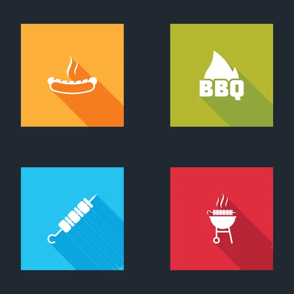 Set Bocadillo Hotdog Llama Fuego Barbacoa Shish Kebab Parrilla Icono — Vector de stock