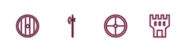 设置线形圆形木制盾牌 中世纪的哈伯德和城堡塔图标 — 图库矢量图片