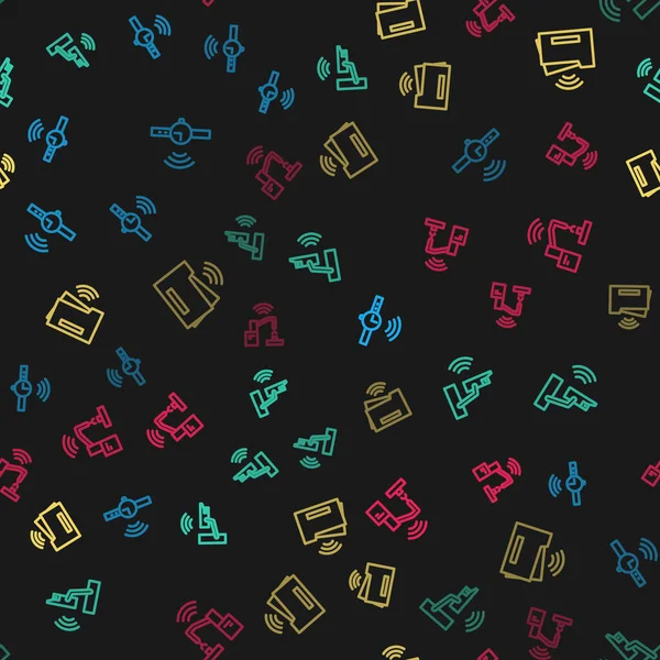 Smartwatch hattını, güvenlik kamerasını, yazıcıyı ve robot kol fabrikasını kusursuz desenlere ayarlayın. Vektör