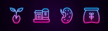 Filizlenme hattı, çiftlik evi, tohumlar ve un torbası. Parlayan neon ikonu. Vektör