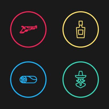 Set hattı Burrito, Meksikalı sombrero, tekila şişesi ve klasik tabanca ikonu. Vektör