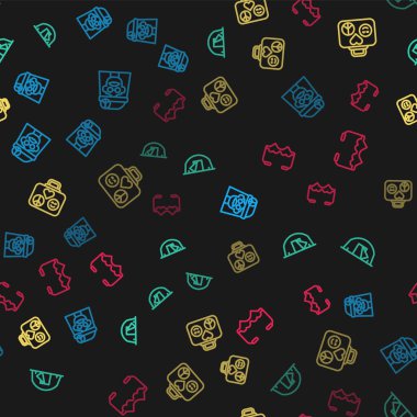 Hippie kız, turist çadırı, seyahat çantası ve kalp şeklinde aşk gözlükleri kusursuz desenli. Vektör