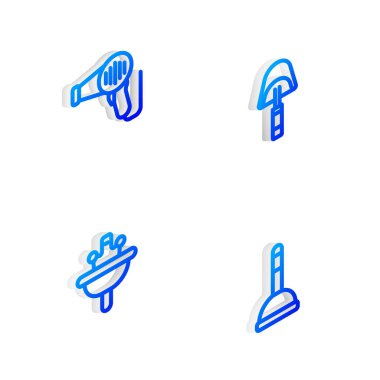 Isometric hattı Spatula 'yı, saç kurutma makinesini, lavabo lavabosunu ve pompa ikonunu ayarla. Vektör
