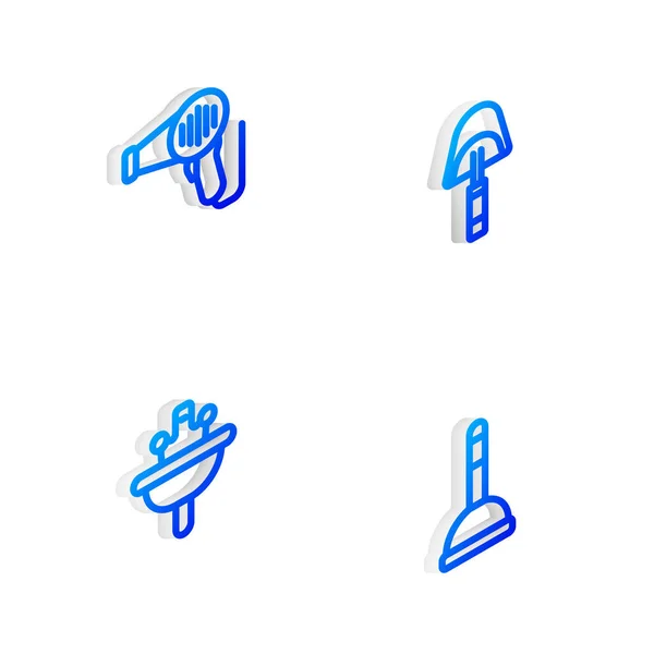 Set Isometric Line Spatula Hair Dryer Washbasin Rubber Plunger Icon — Stock Vector