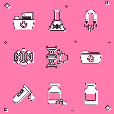 Sağlık dosyası, DNA araştırması, arama, para mıknatısı, genetik mühendisliği ve simgeyi ayarla. Vektör