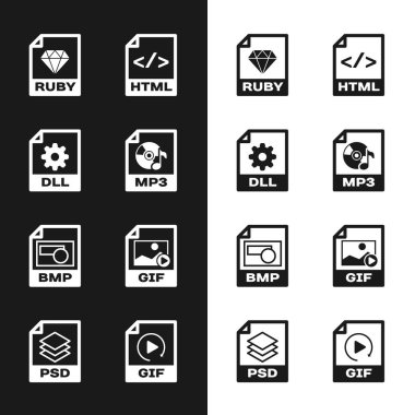 Set MP3 file document, DLL, RUBY, HTML, BMP and GIF icon. Vector