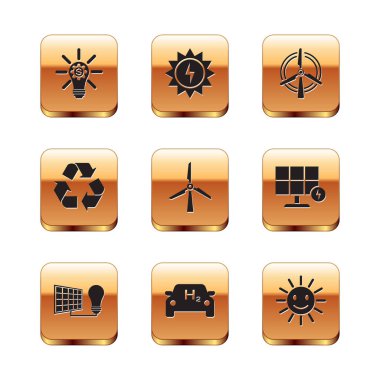Set Light bulb with gear, Solar energy panel and light, Hydrogen car, Wind turbine, Recycle symbol, Rotating wind, Cute sun smile and icon. Vector