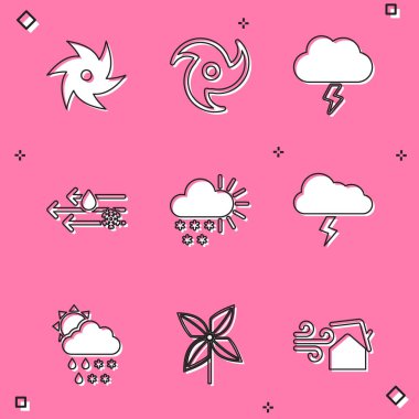 Tornado, Storm, Wind ve yağmuru karla, bulutla, yağmurla, güneşle ve çarkıfelek ikonuyla ayarla. Vektör