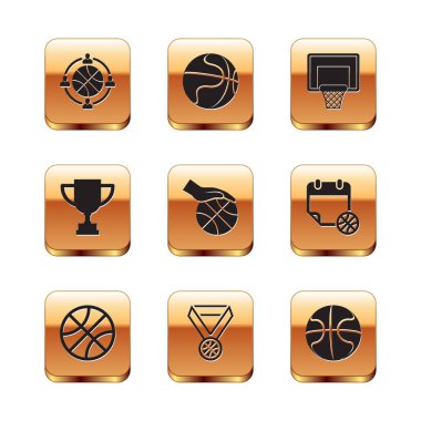 Set planlama stratejisi, basketbol topu, madalya, basketbolla el, ödül kupası, sedye ve ikon. Vektör